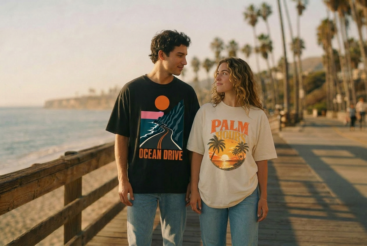 A man wearing the Ocean Drive tee and a woman wearing the Palm Hours tee on a sun-bleached boardwalk at golden hour